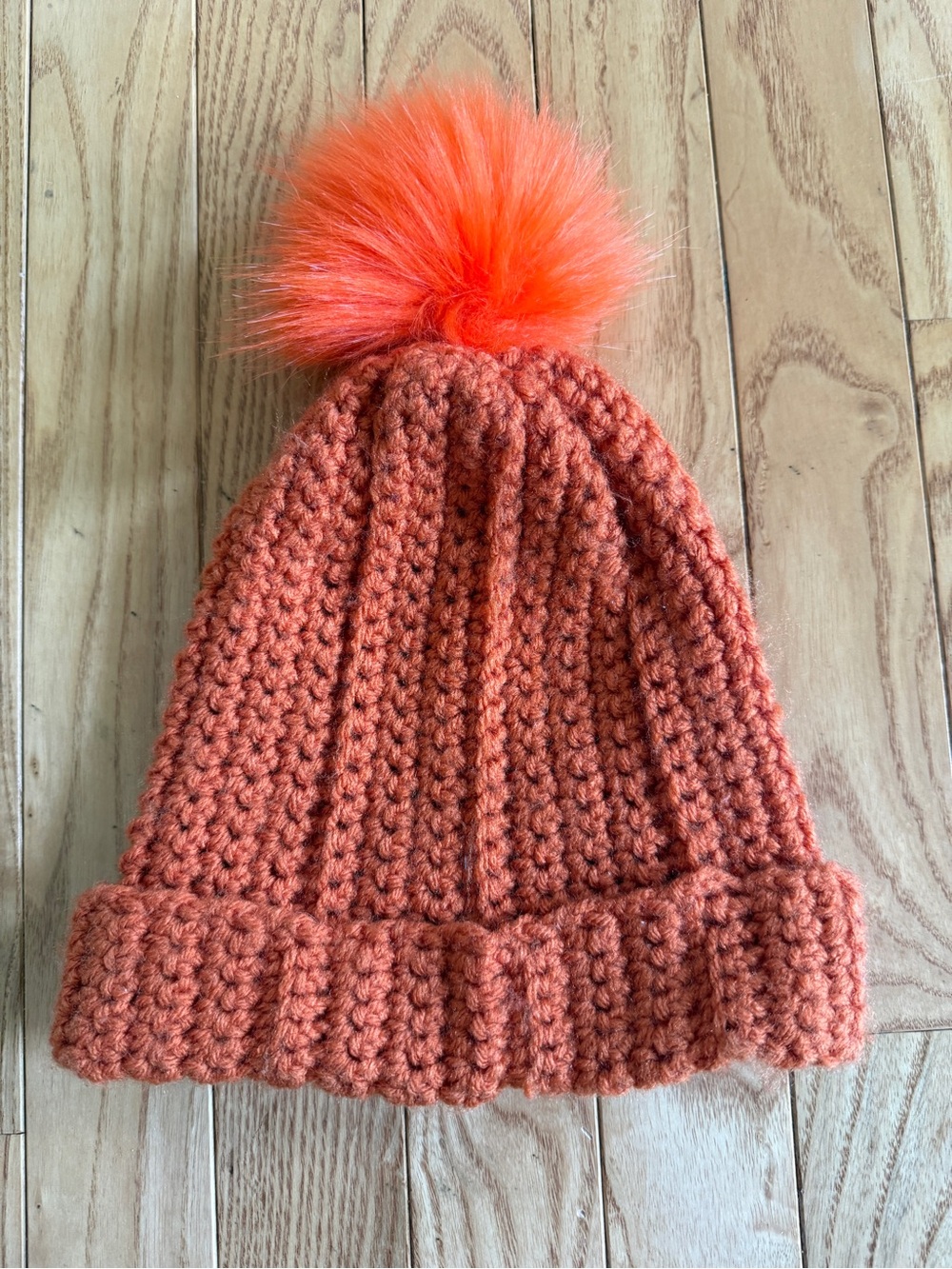 Kids Pom Pom Hand Crochet Knit Beanie - Orange